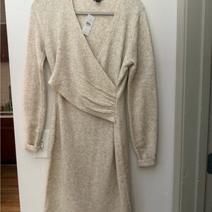 LOFT Cream Wrap-Style Knit Midi Dress